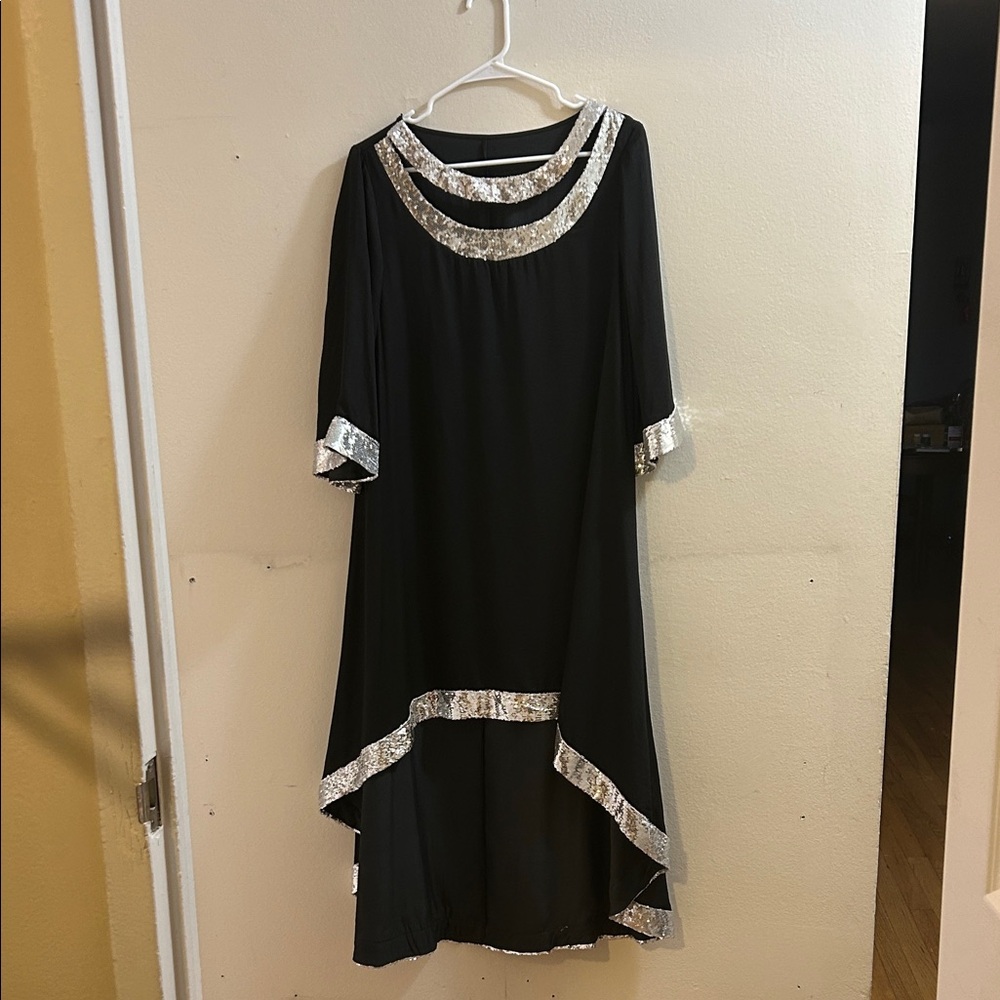 Black High-Low Dress with Silver Trim